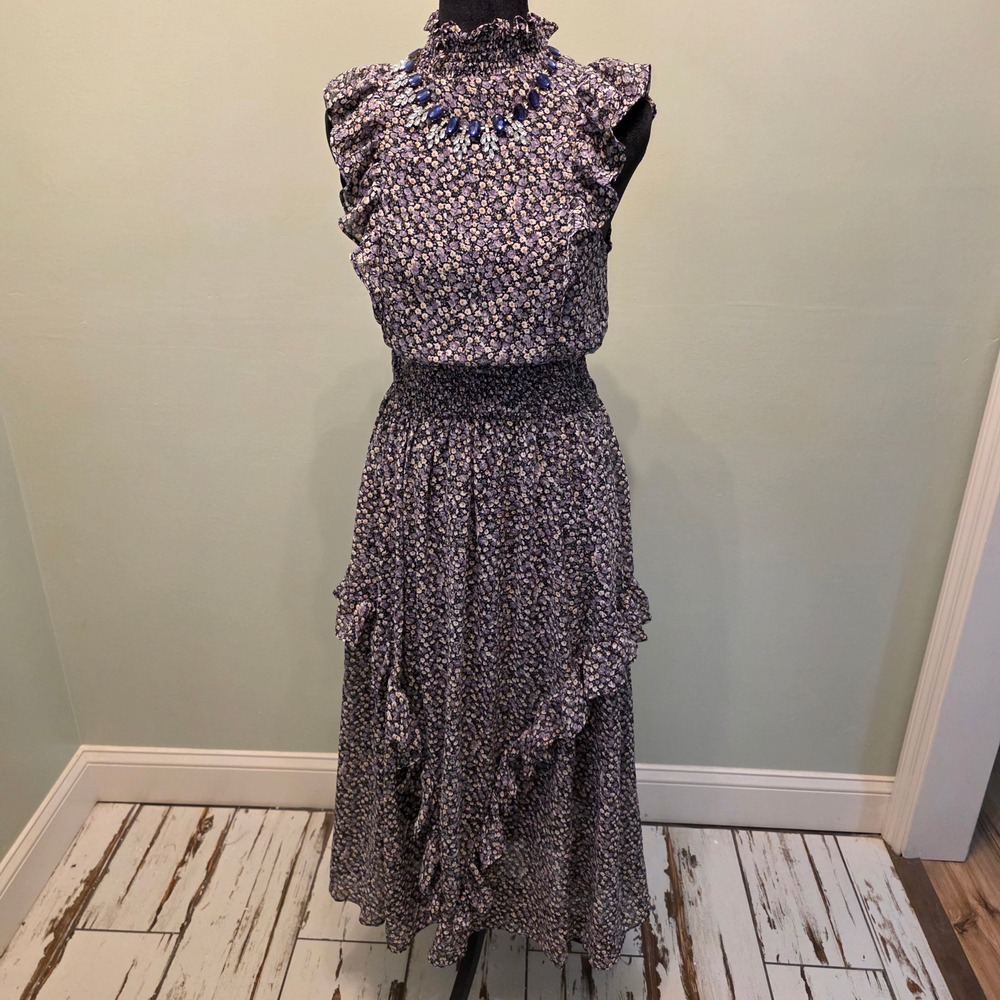 Lulus Purple Floral Ruffle Smocked Waist Maxi Dress XS Sleeveless Tiered Skirt
